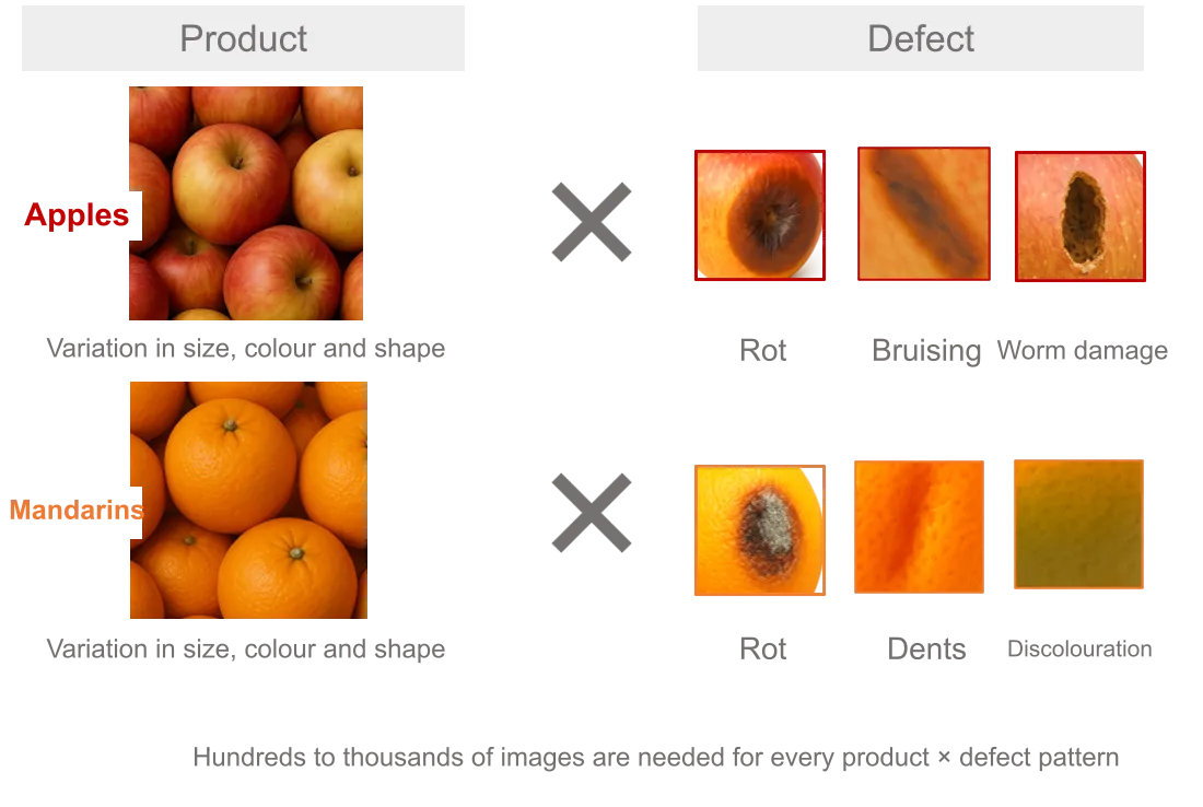 Training data for apples and mandarins: each fruit and each defect needs its own set of images