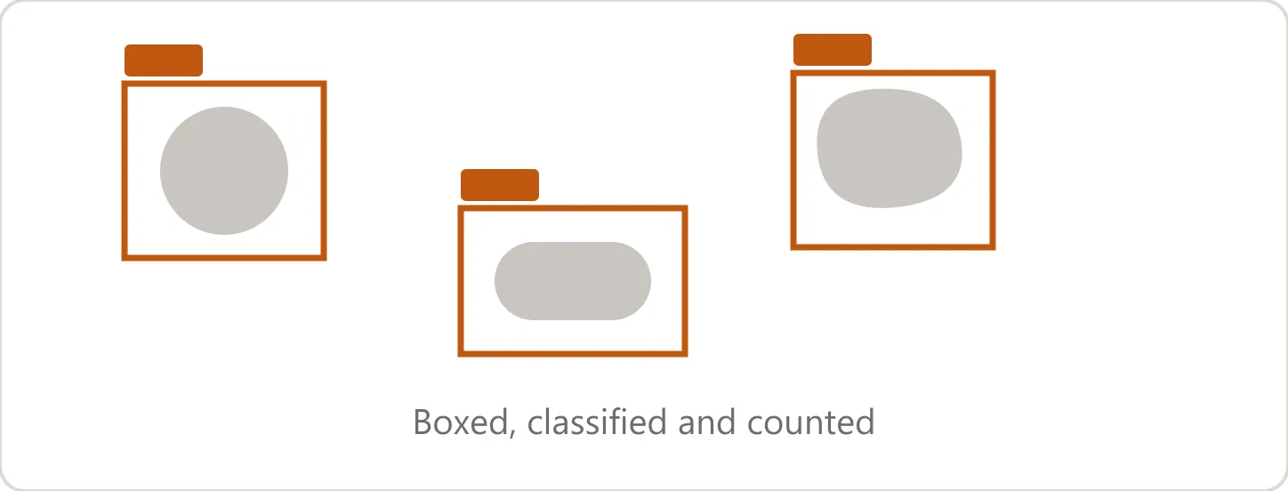 Object detection: three objects each enclosed in a rectangle with a class label